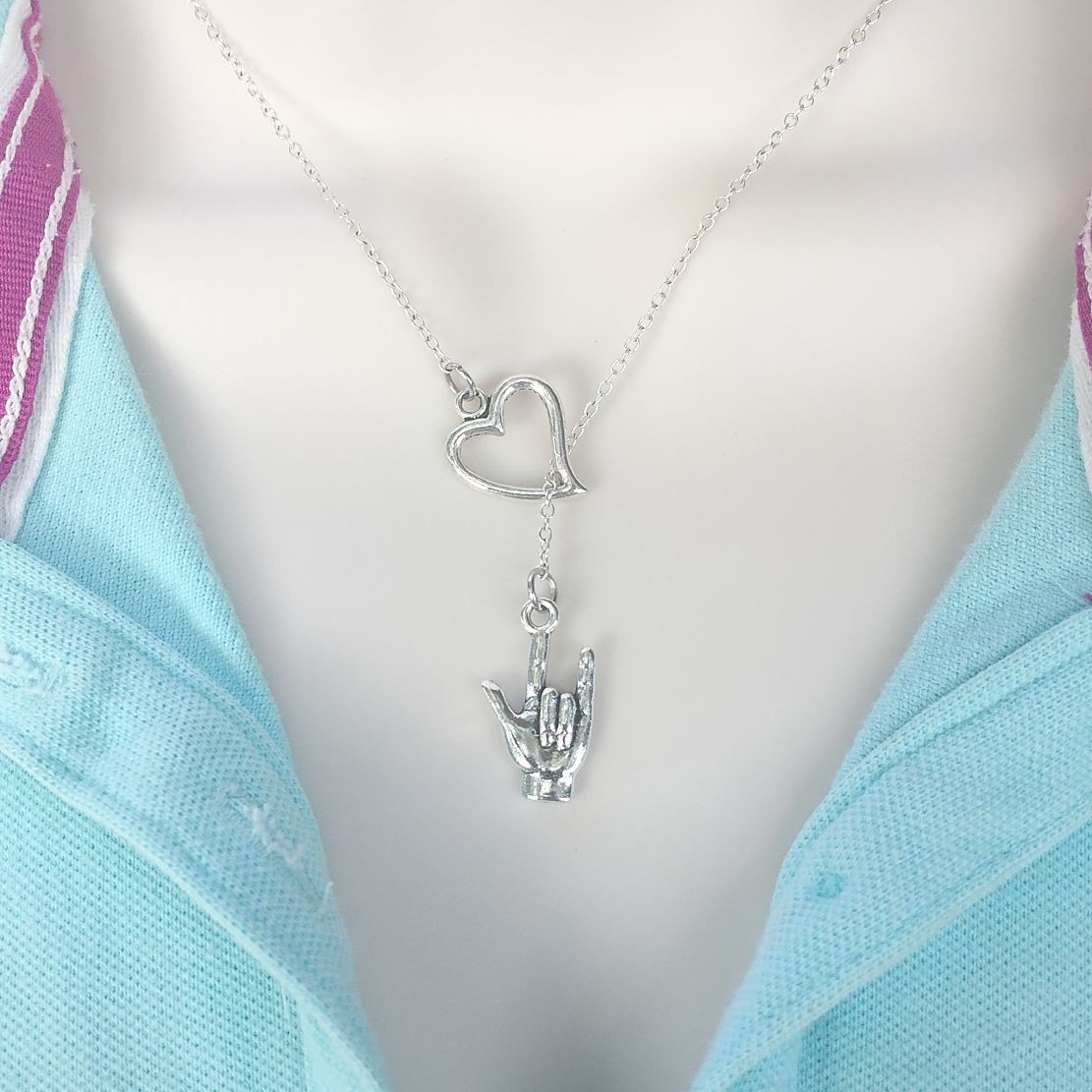 I Love You in “Sign Language” Antique Silver Lariat “Y” Necklace.