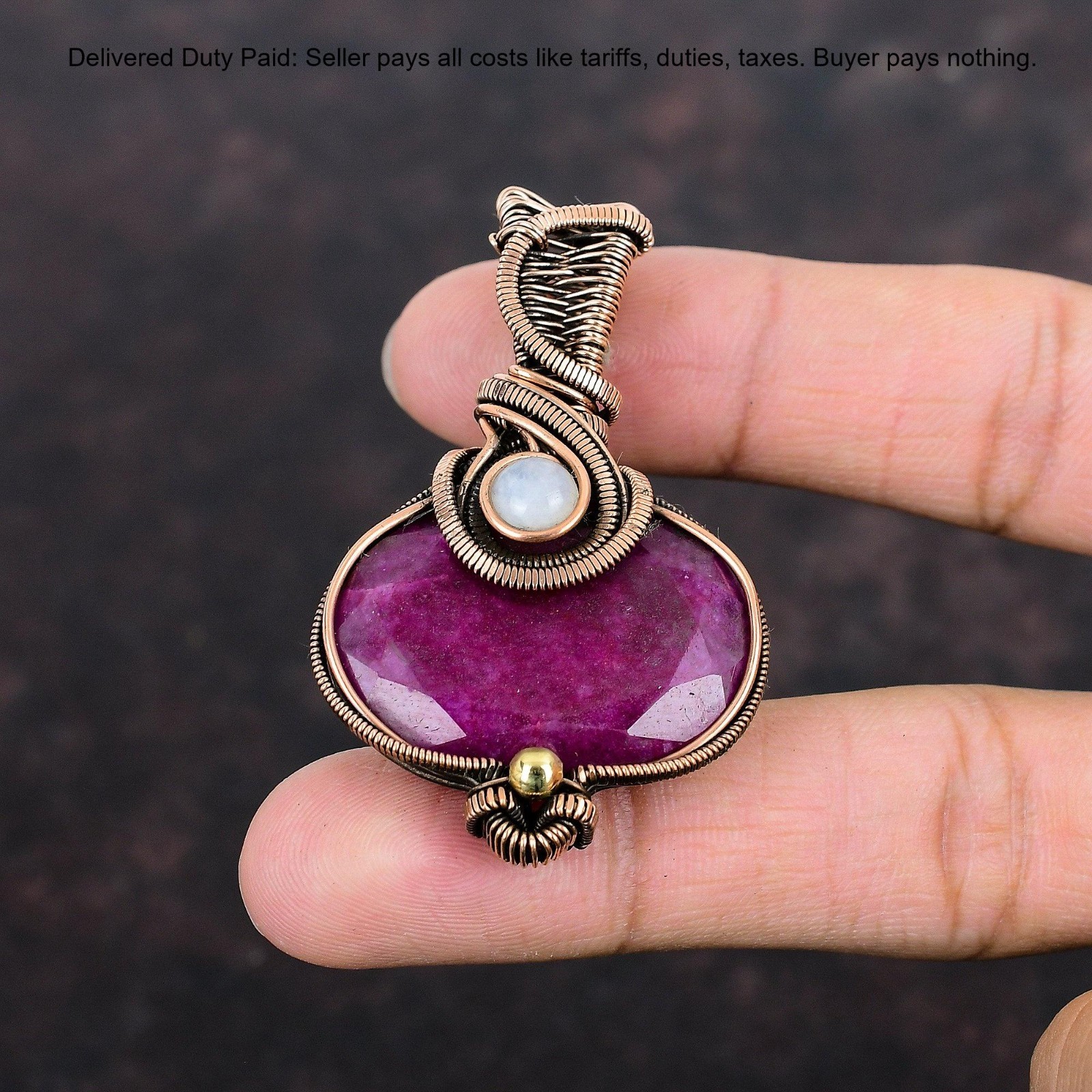 Copper Kashmir Rubi Gemstone Rainbow Moonstone Wire Wrapped Boho Pendant Jewelry