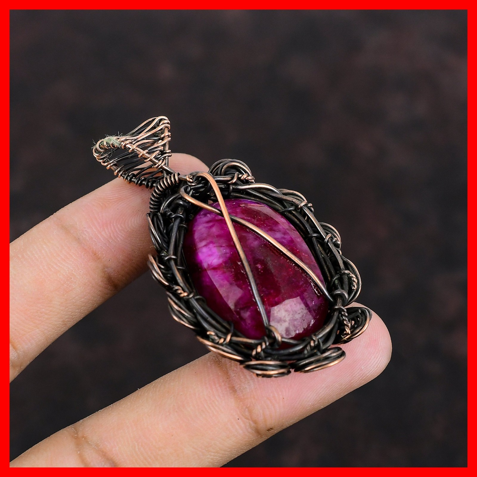 Copper Oval Kashmir Rubi Stone Daughter Wire Wrapped Flower New Pendant Jewelry