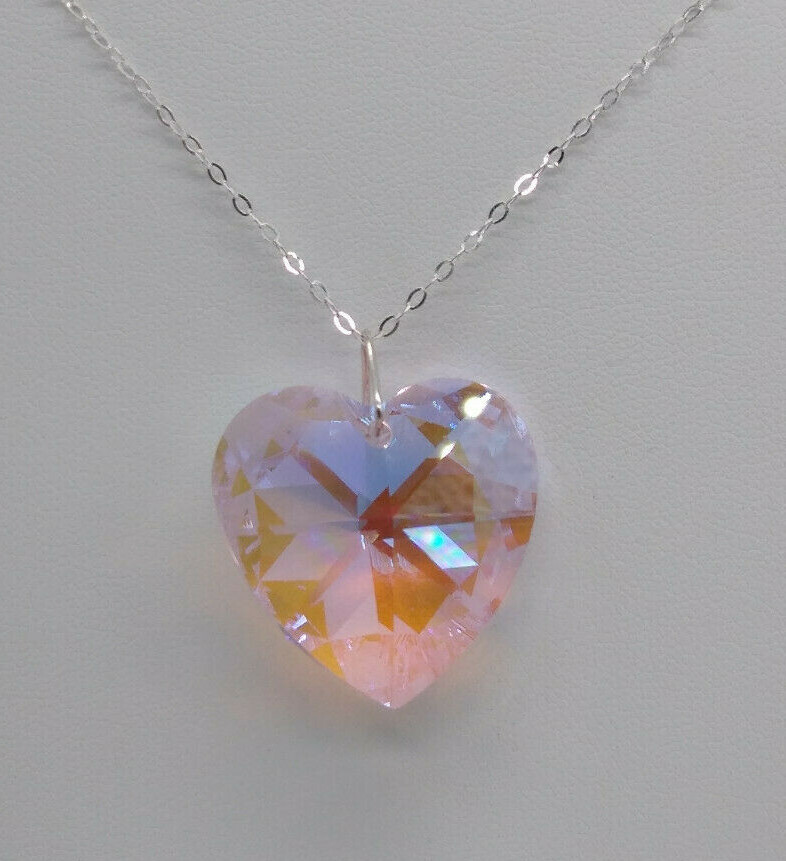 Made w/ Sterling Silver Swarovski Crystal Rosaline Blue AB 28mm Heart Necklace