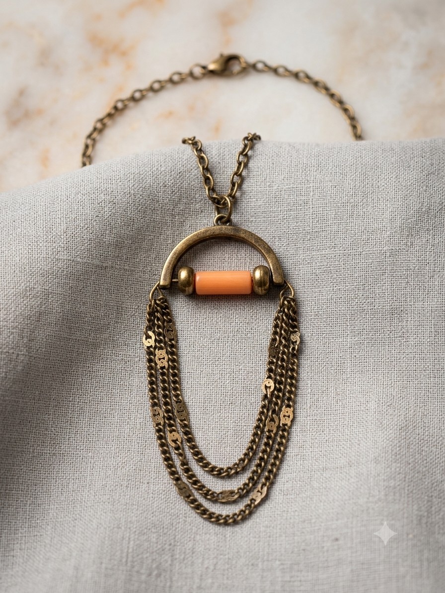Antique Bronze Long Pendant Necklace with Arch & Layered Chain Tassels