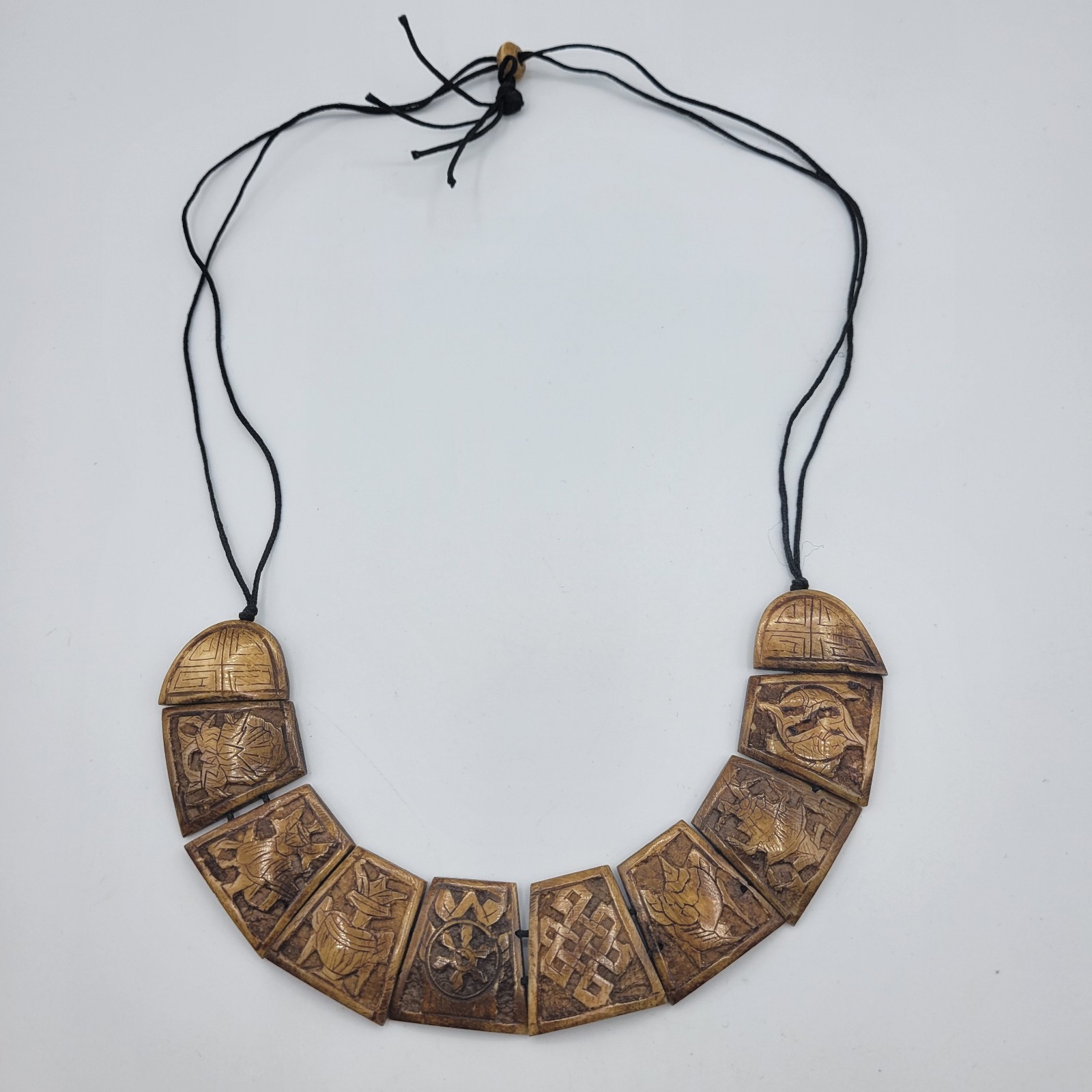 Nepal 8 Auspicious Symbols Hand Carved Necklace Yak Bone 16 in