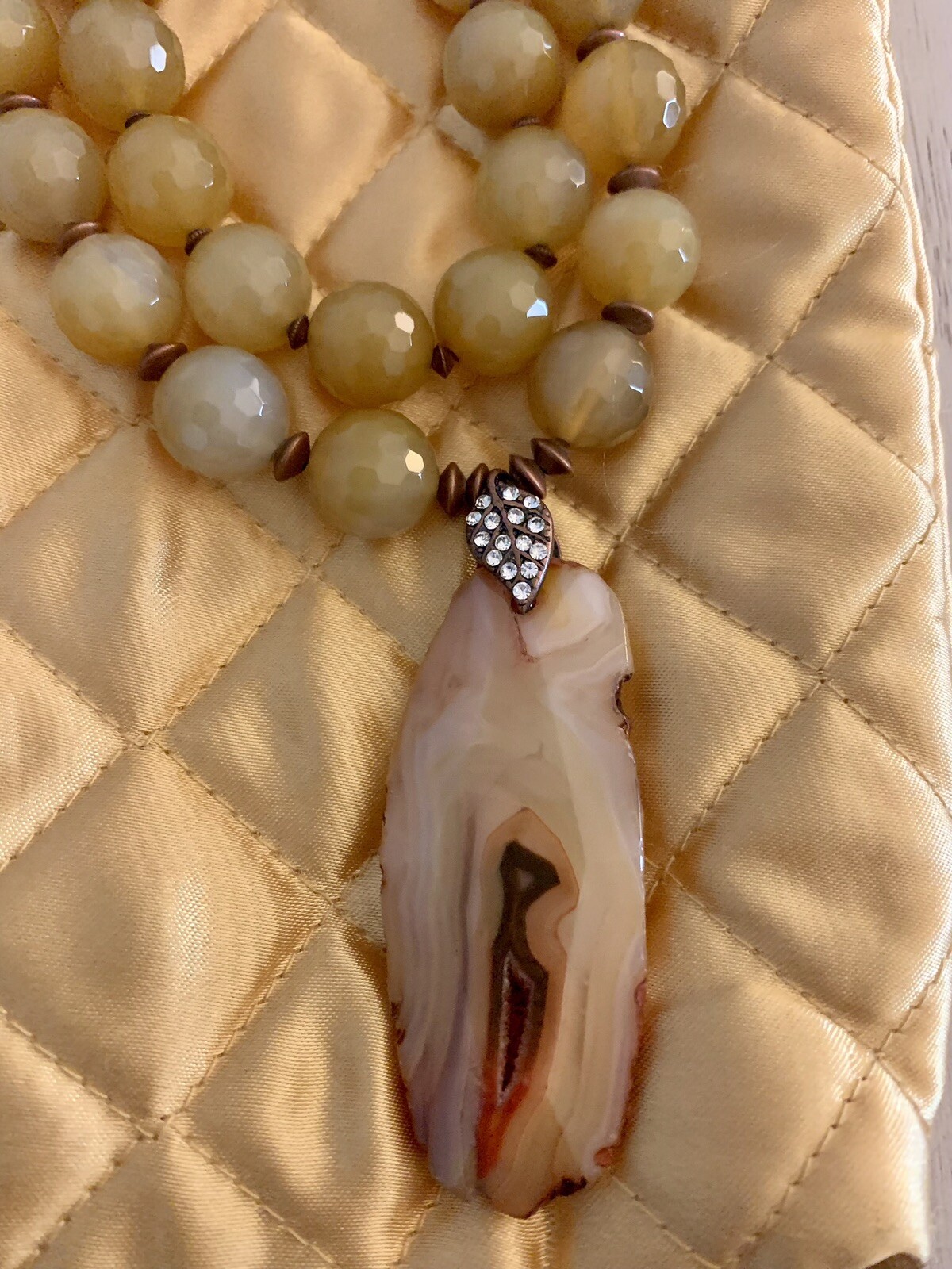 Artisan Made Agate Pendant Chunky Necklace With Hand Knotted Beads Golds Browns