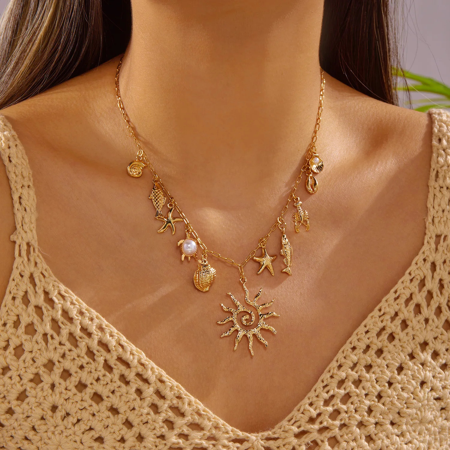 Boho 2 Layer Baroque Pearl Chain Necklaces Gold Plated Seashell Starfish Conch P