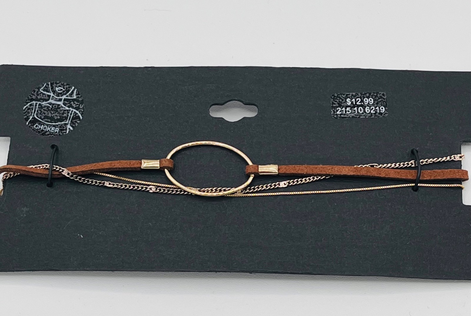 Brown Faux Leather & Gold-Tone Chain Circle Pendant Choker Necklace | Festival