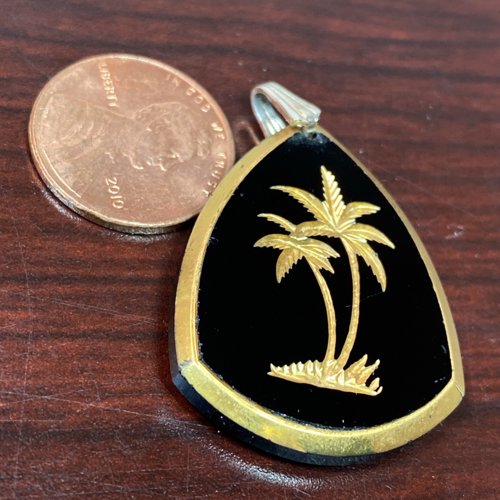 Vintage Golden Palm Trees Etched on Jet Black Glass Pendant Charm Germany 1.25”