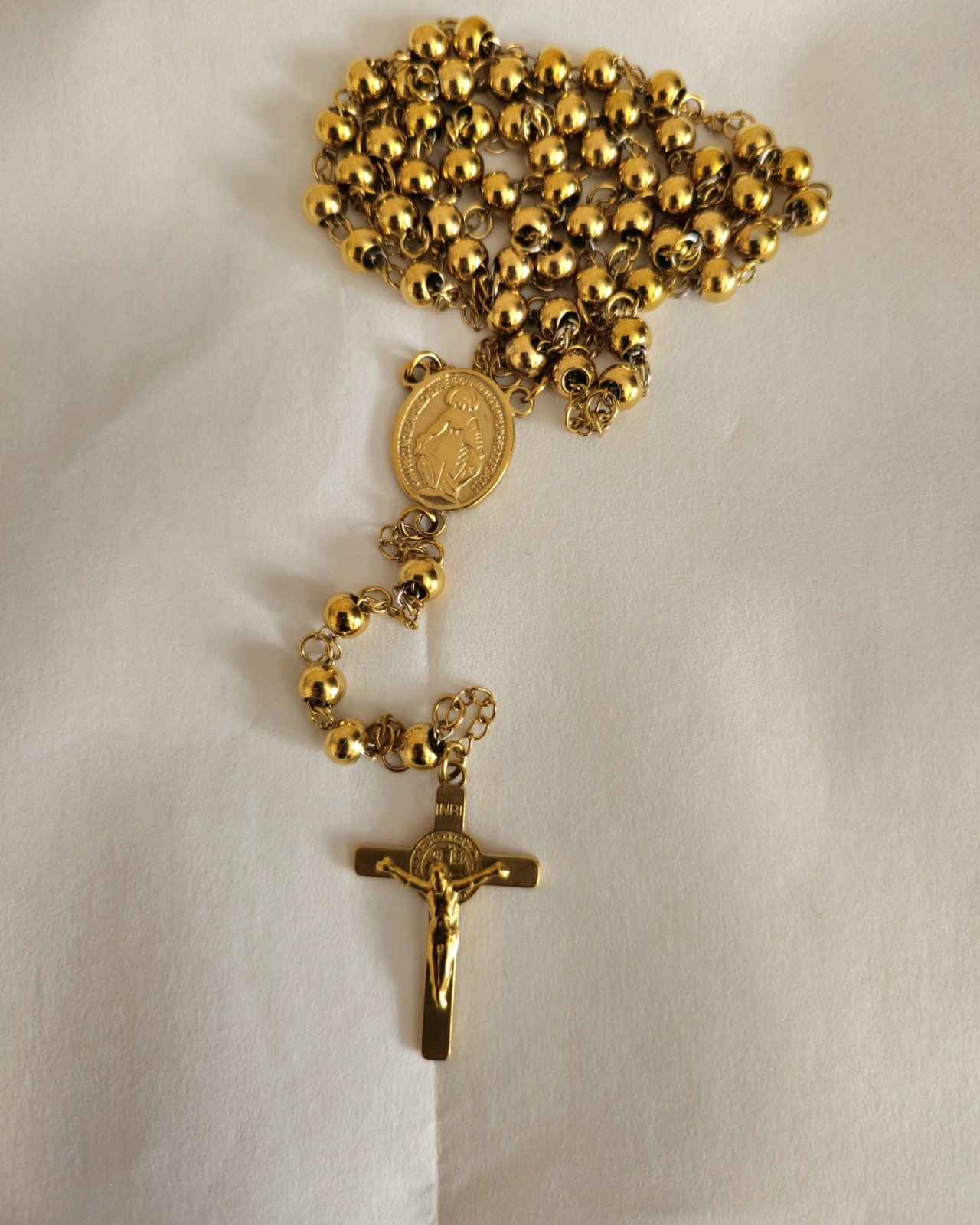 Gold Tone Stainless Steel Rosary Necklace Virgin Mary Crucifix Cross 60cm