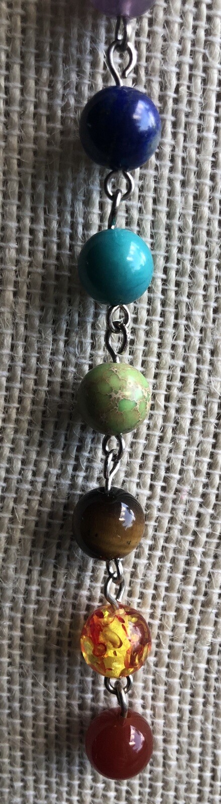 Natural Chakra Bead 7 Gem Stone Drop Necklace Adjustable 17-20” Silvertone.
