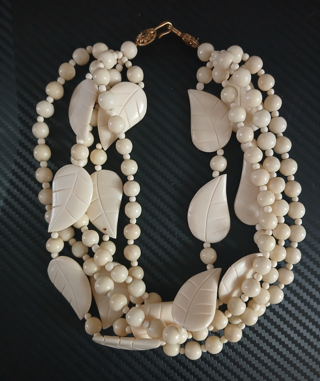 White Plastic Beaded Statement Multi-Strand Leaf Necklace Adjustable 12-18in