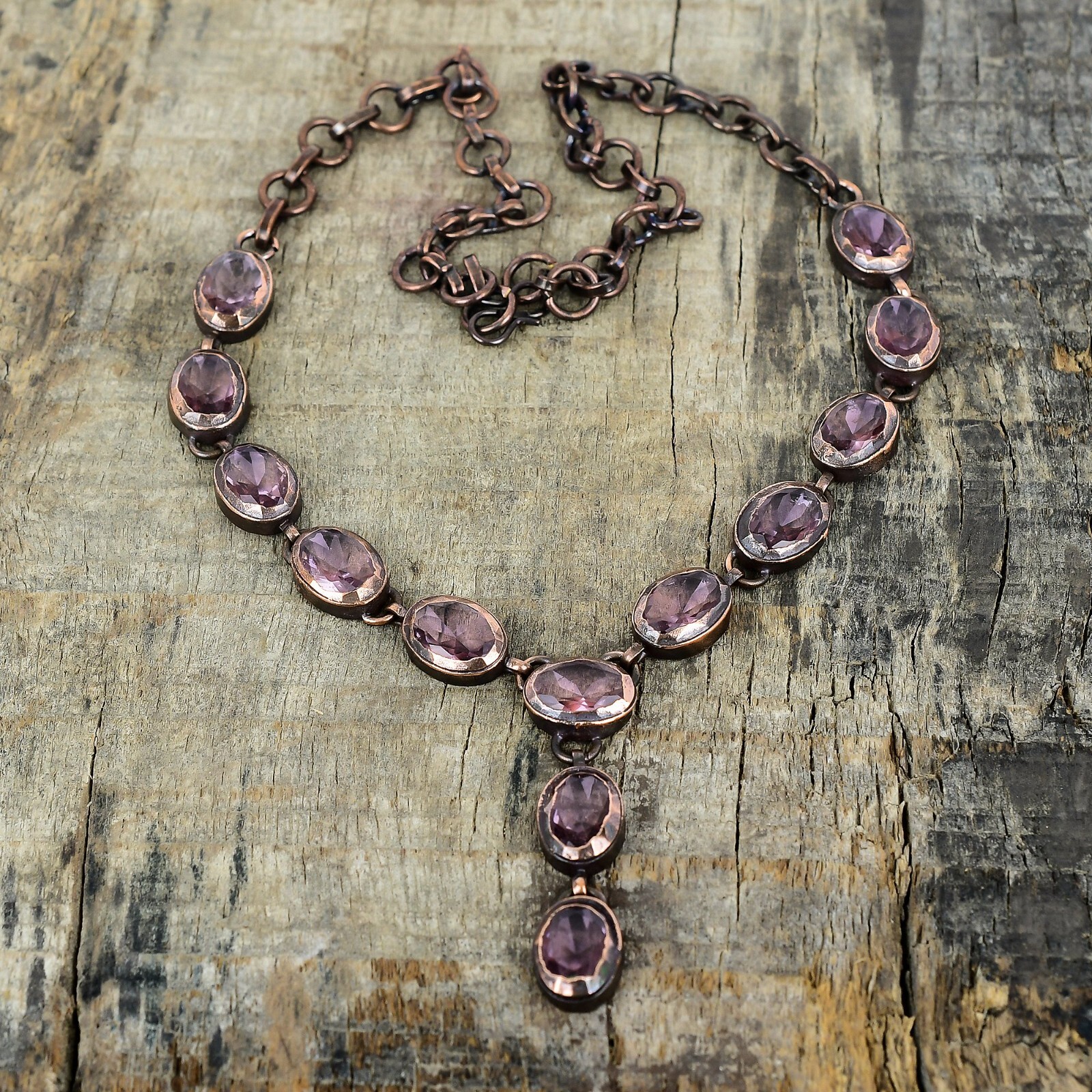 Valentines Deal Pink Kunzite Stone Copper Electroformed Chain Necklace Jewelry