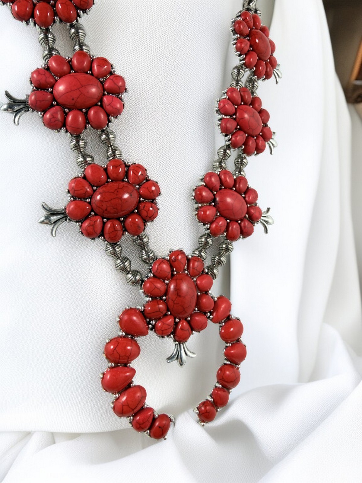 Western Summer Red Faux Turquoise Squash Blossom Statement Necklace & Earrings