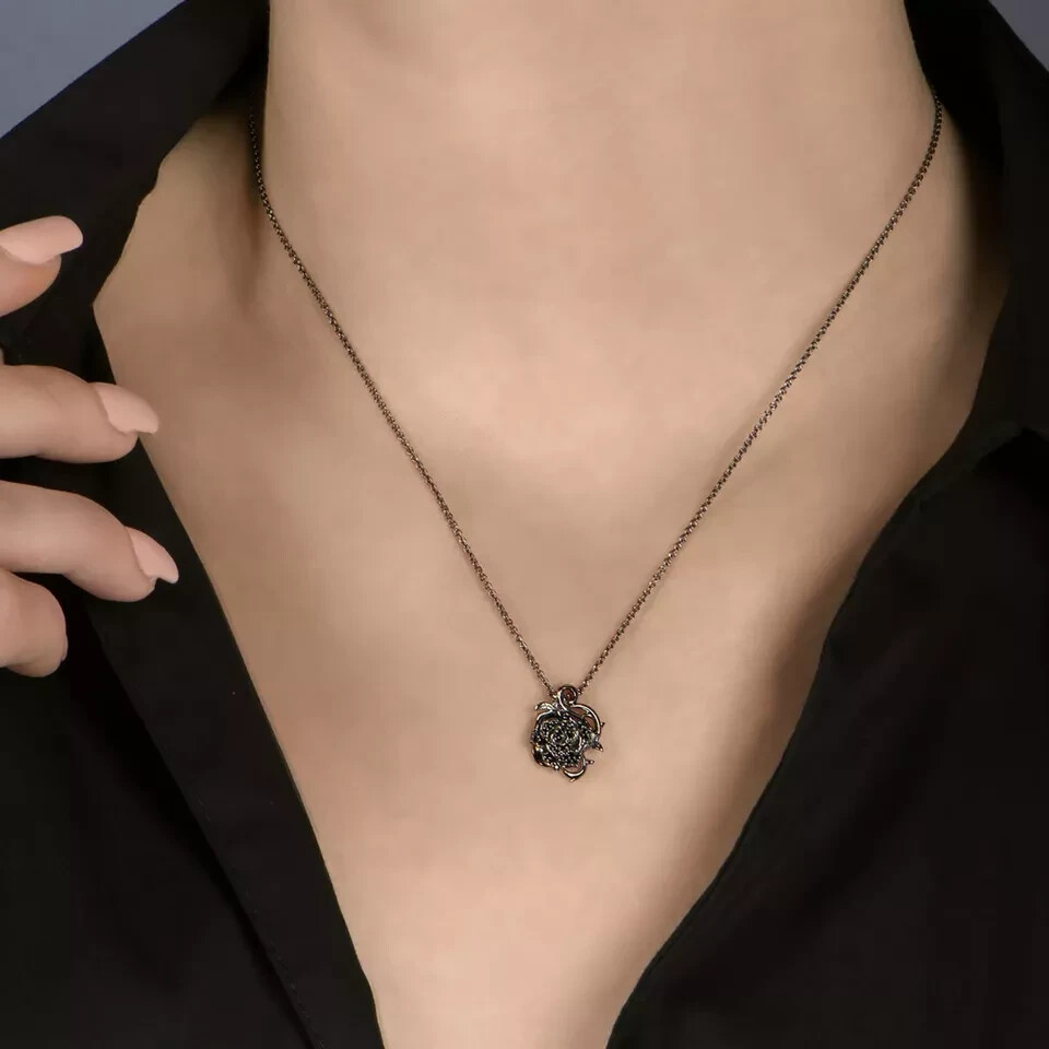 Black Simulated Diamond 925 Silver Women 18mm Rose Pendant Necklace