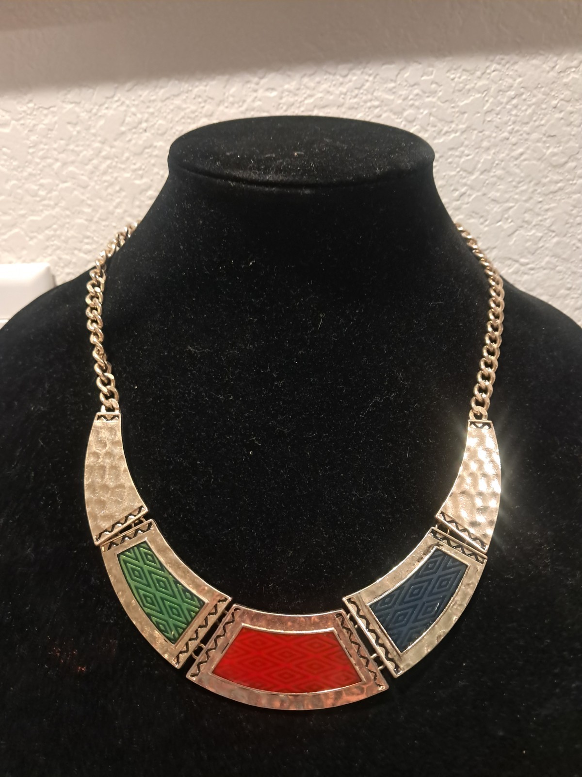 Silver Tone Multicolor Enamel Geometric Inlay Bib Statement Necklace Bohemian