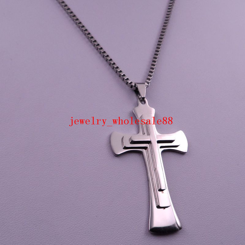 20”-32” Men’s Necklace Stainless steel Large Cross religious Pendant Jewelry