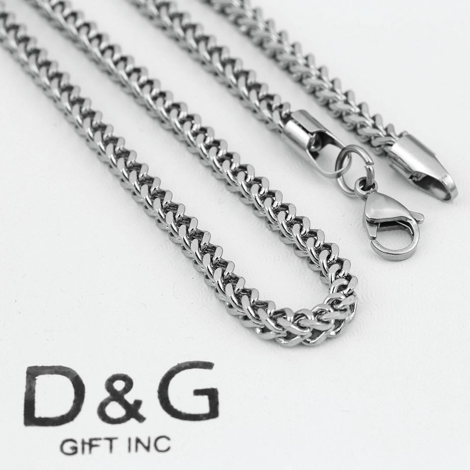 DG Men’s Silver Stainless Steel 24″ Smooth Franco Square 4mm Chain,Unisex + Box