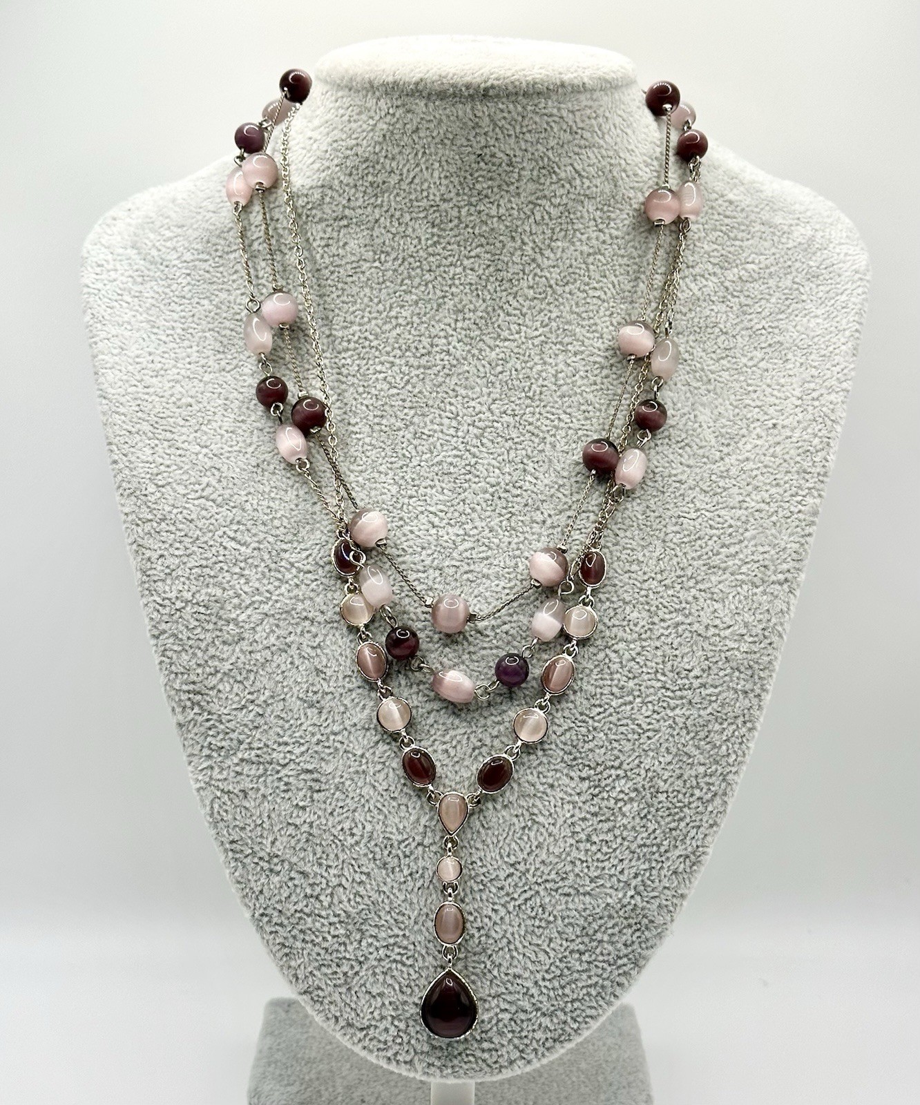 Purple Glass Cats Eye Necklace Silver Tone Layered Multi Strand 16-18”