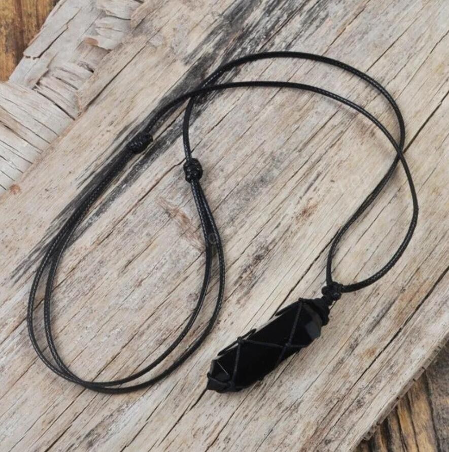 Natural Black Obsidian Crystal Pendant Necklace for Spiritual Balance Protection