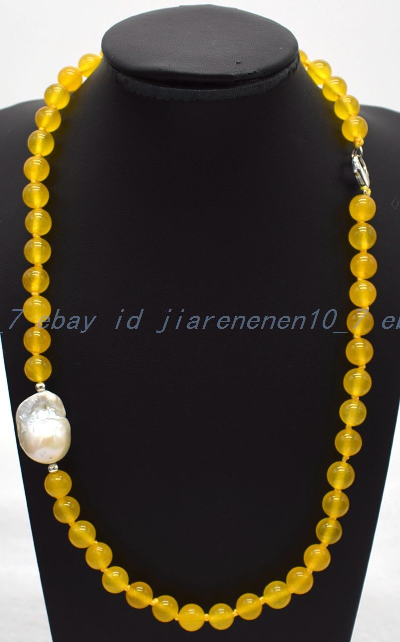 8mm Yellow Jade White Baroque Pearl Gemstone Round Beads Necklace 18-32 In