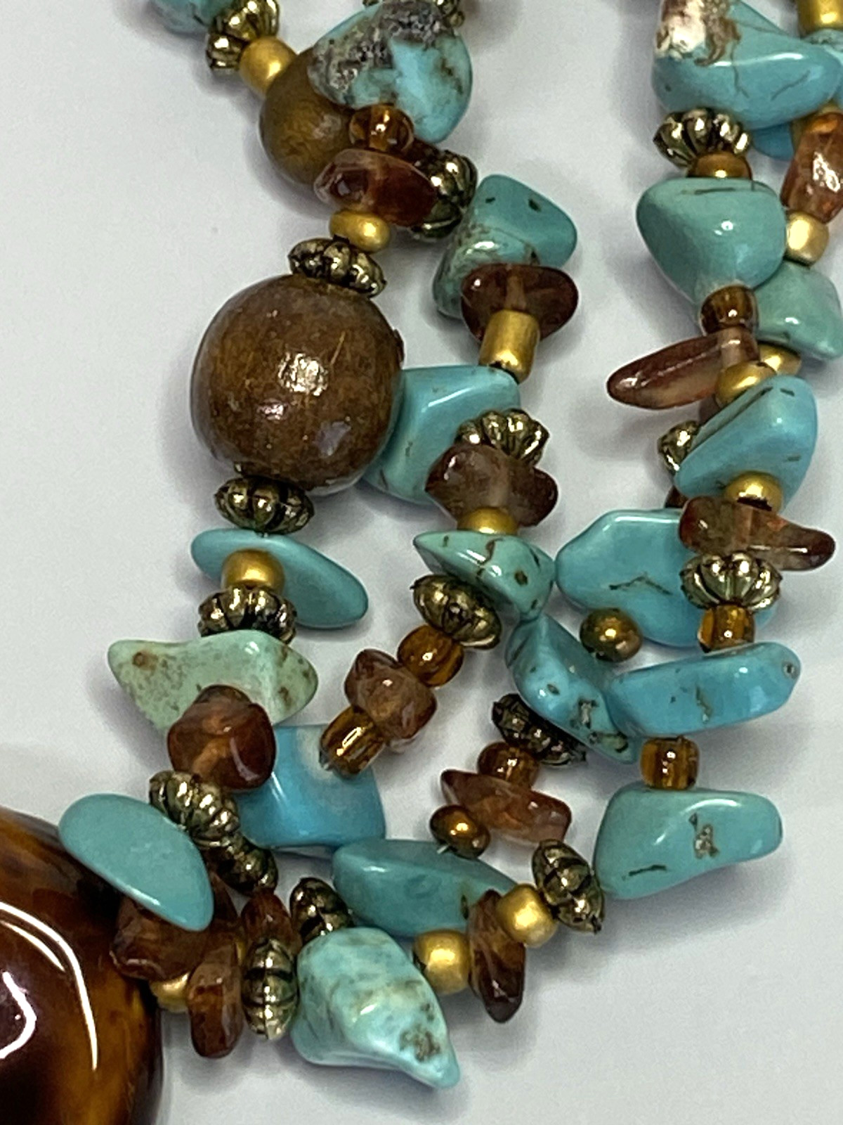 CYNTHIA GALE Turquoise Chip Multi-Strand Choker w/ Tortoise-Look Pendant 16–20in