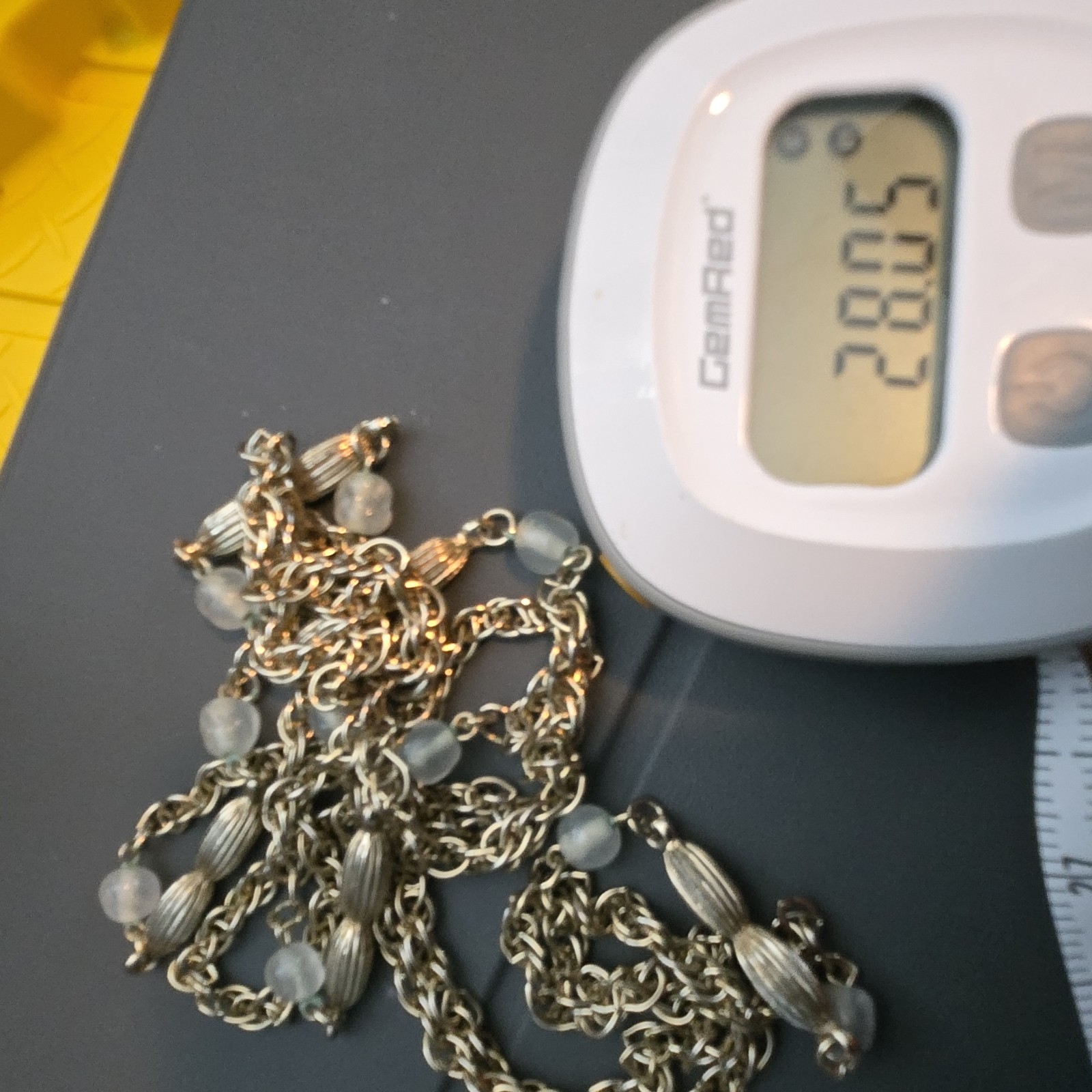 Pale Goldtone Rope Chain Station Necklace White Round Glass Beads 56 Total In.