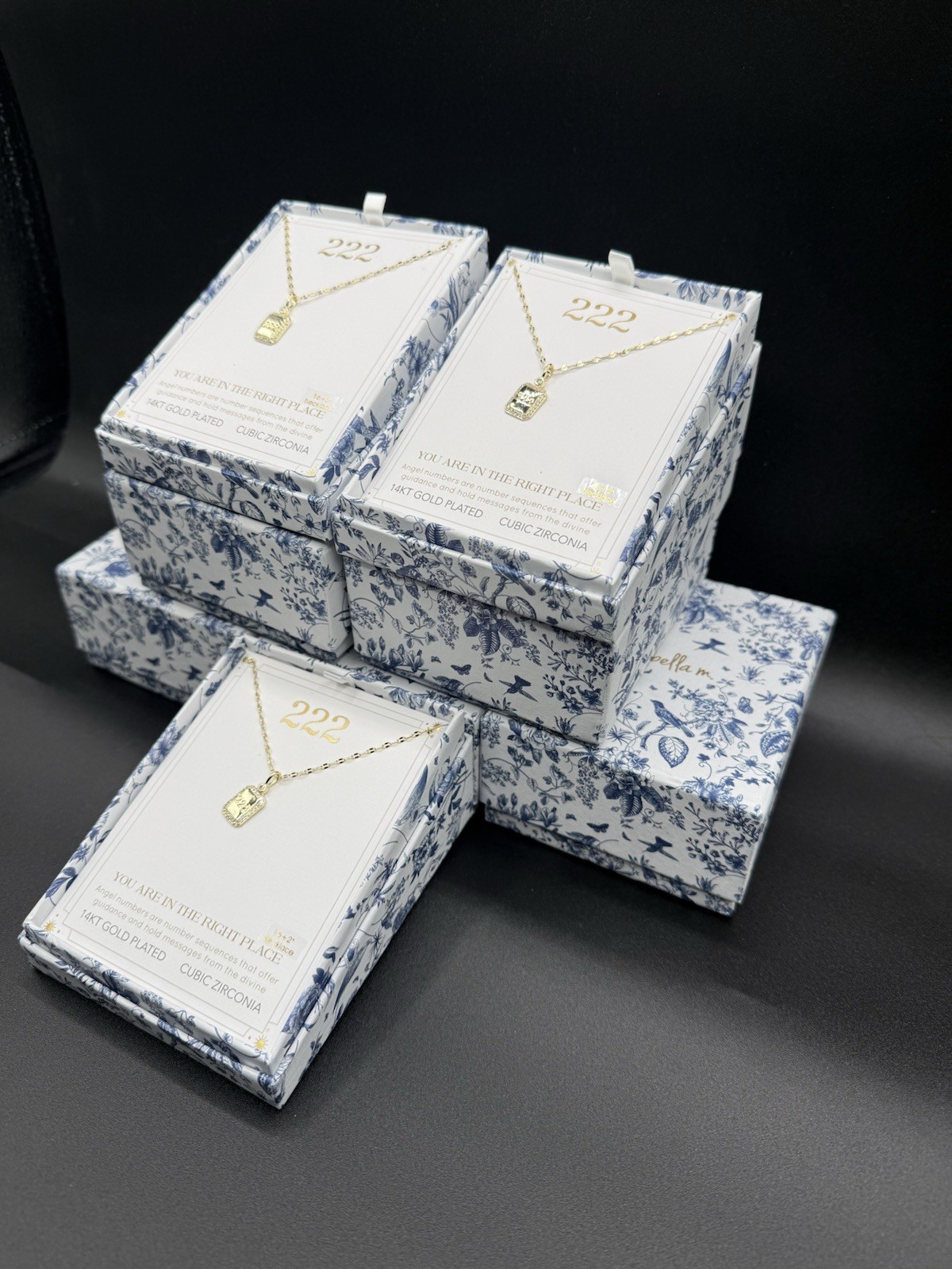 “222” Gold Plated CZ Necklace Square Design New Fancy In Box