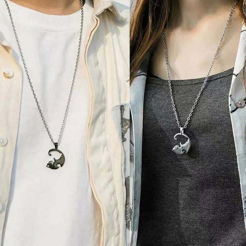 2 Piece Black & Silver Cat Matching Necklace Couple Cute Pendant Love BFF, Gift