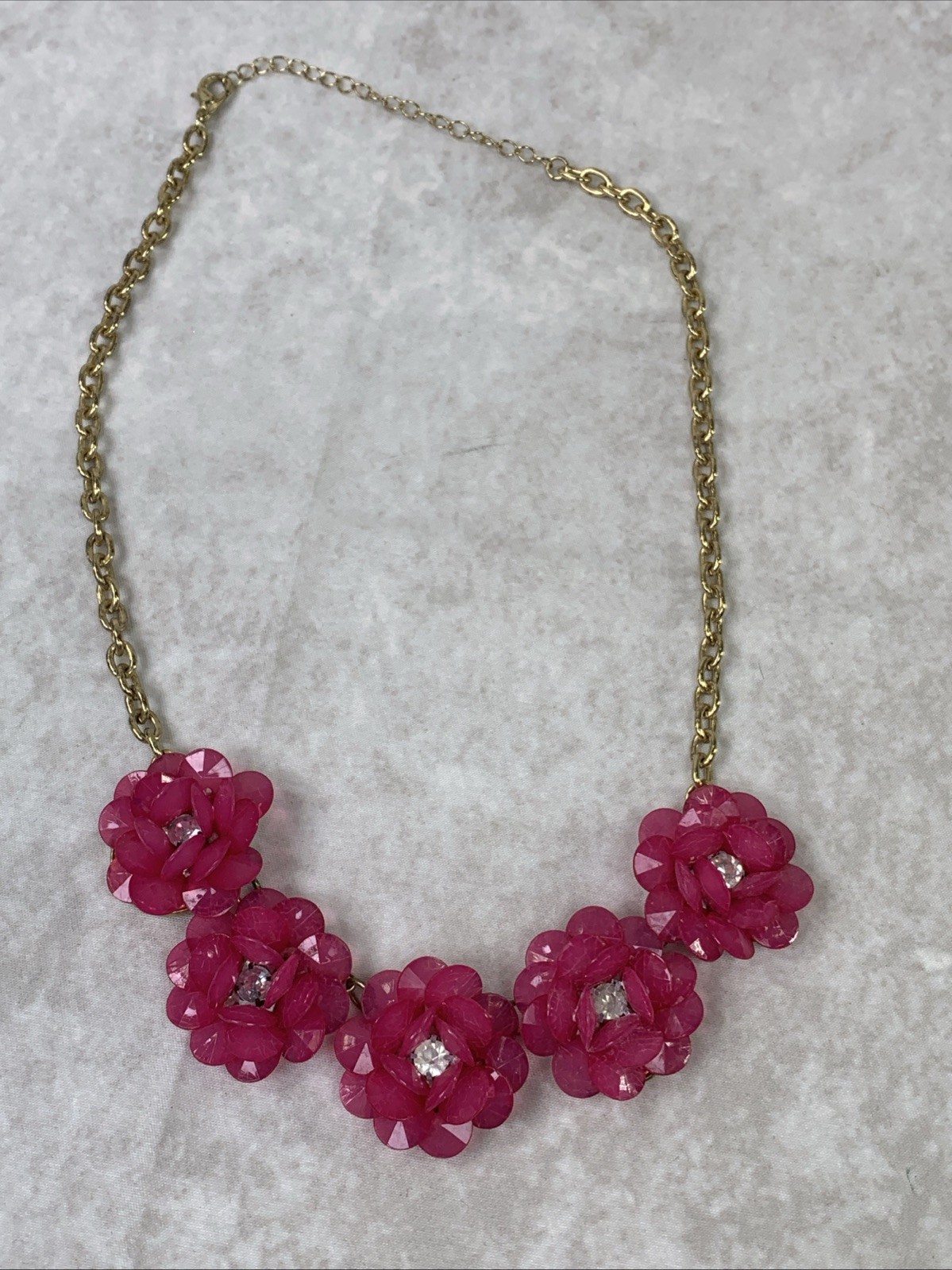 Womans Floral Necklace Pink Fuchsia Flowers and Clear Stones Gold Tone
