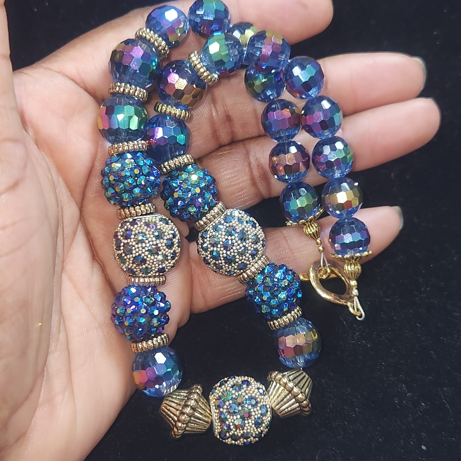 Blue Aurora Borealis Crystal Bead Necklace Gold Tone Pave Disco Ball 16 Inch