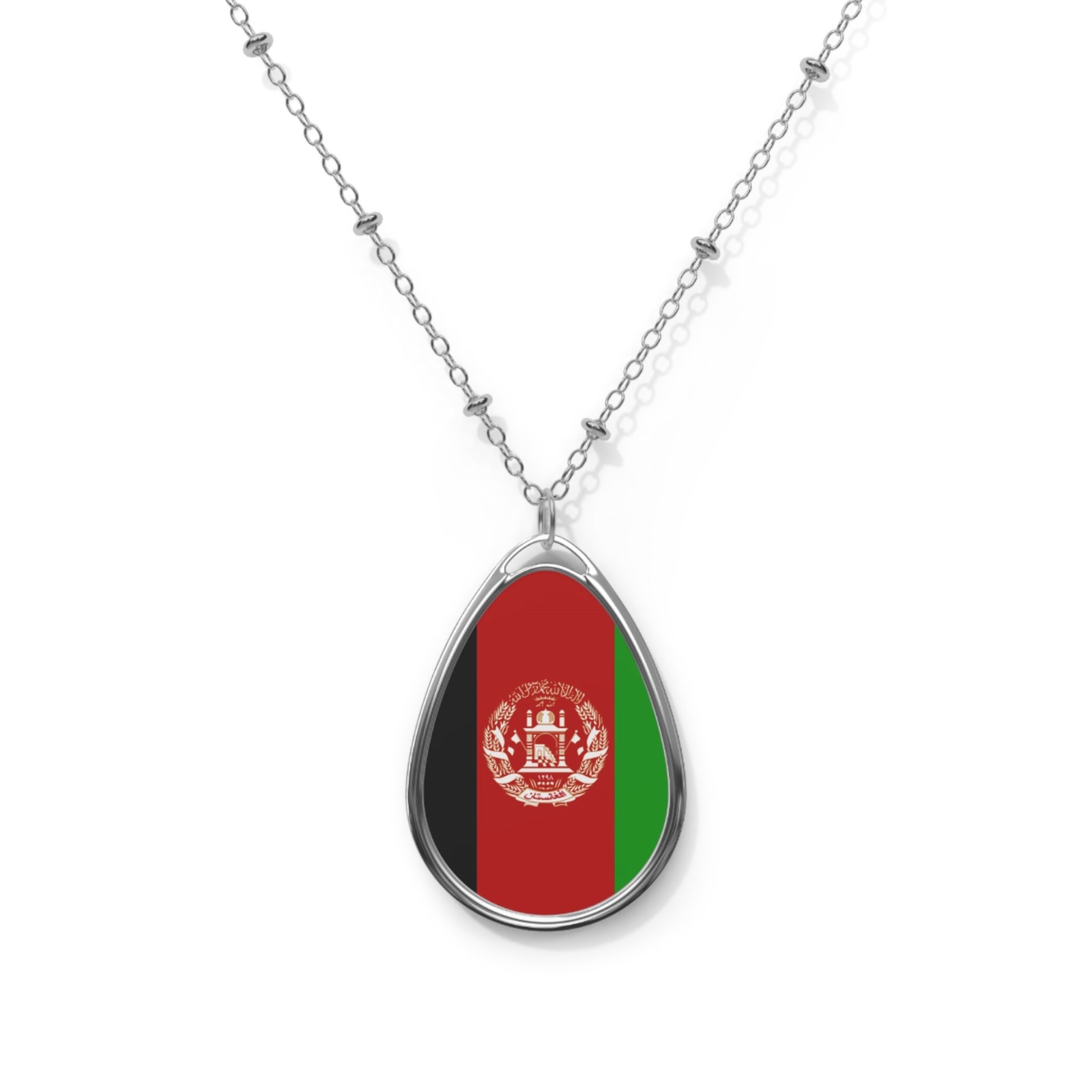 Afghanistan Flag Oval Necklace – Patriotic Pendant – One Size / Silver