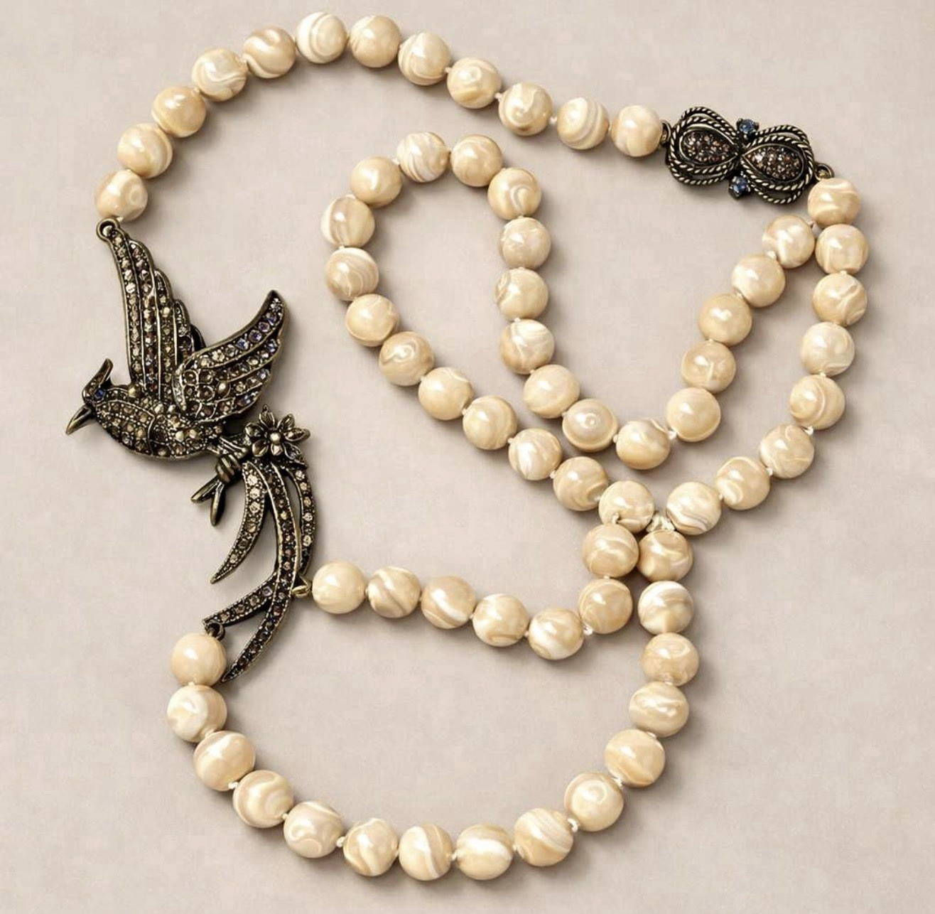 Heidi Daus Signed MOP Bead Crystal Bird Statement Necklace Flawless Vtg Style