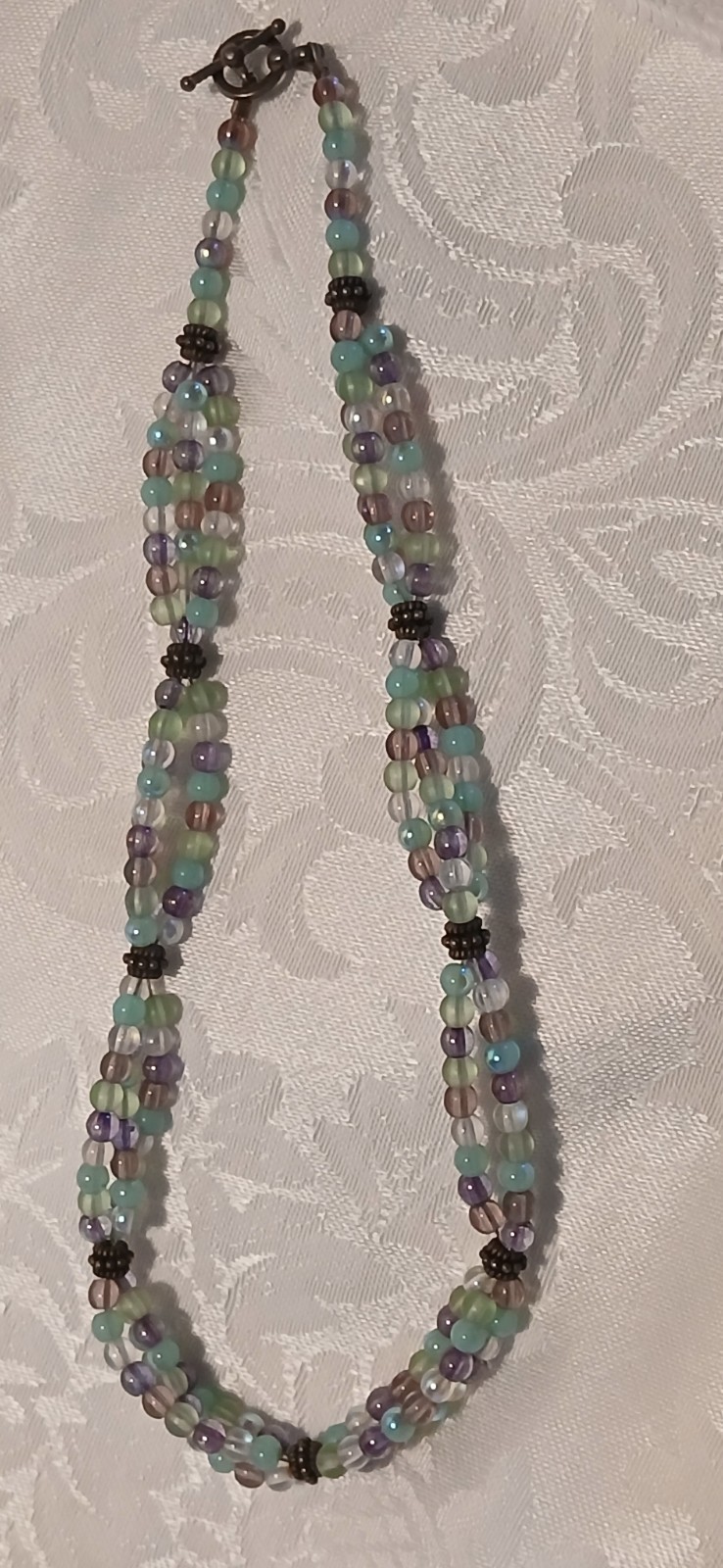 Triple Strand Choker, Amethyst, Blue, Clear, Glass, Toggle Clasp, 15″, Handmade