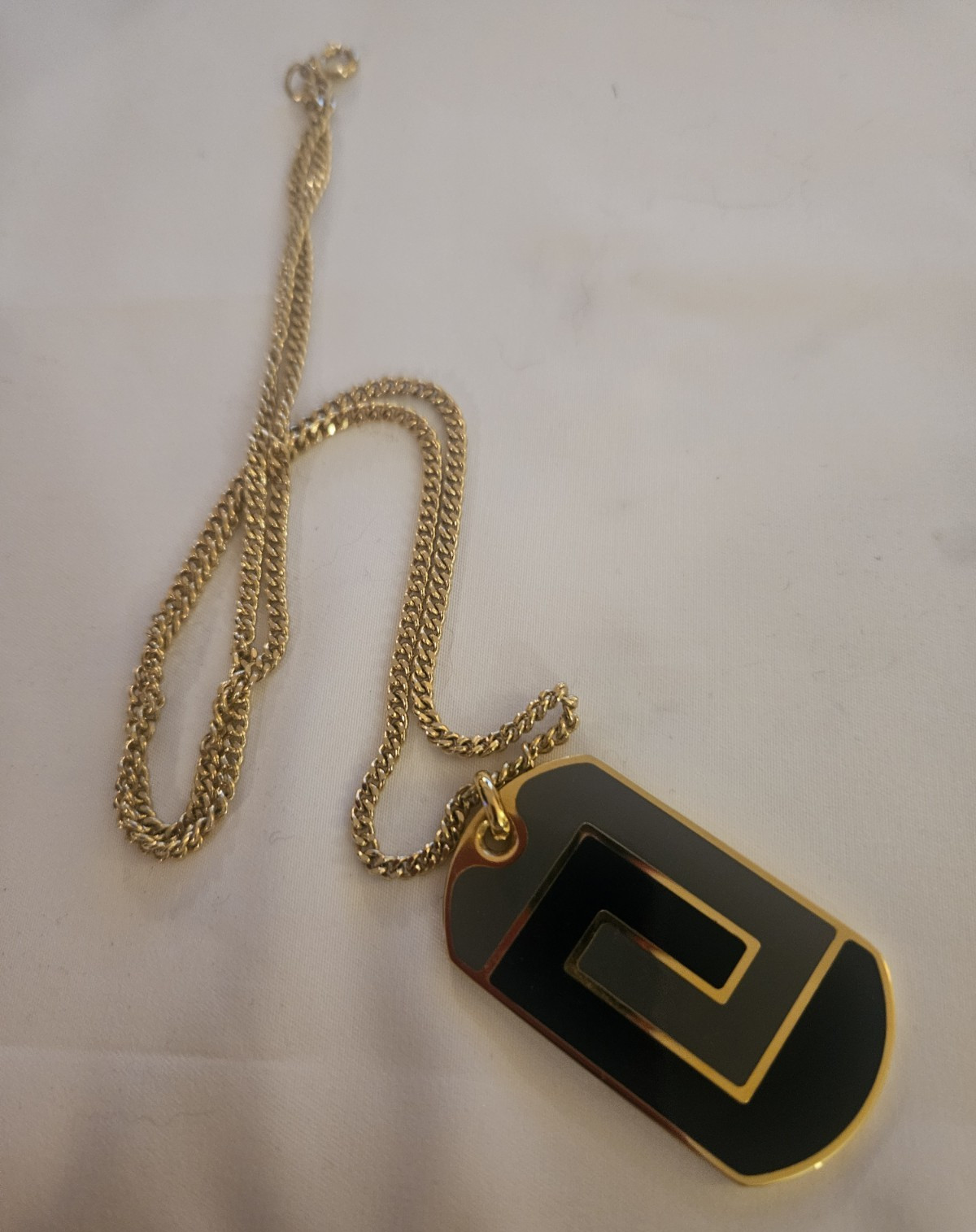 Versace Gold Tone Curb Chain Tag Pendant Necklace Black Enamel Engraved Italy