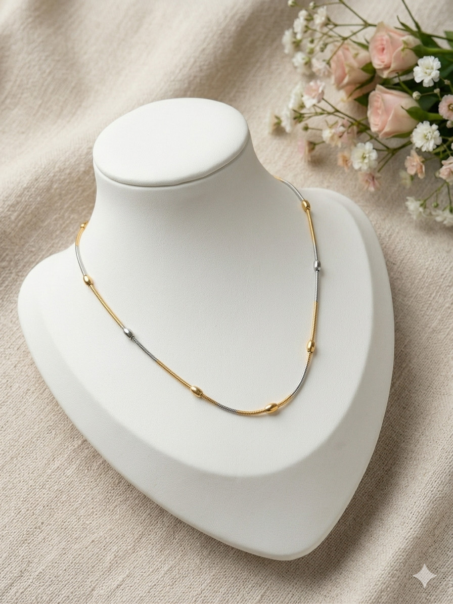 18kt Two Tone Yellow and White Gold Plated Ball Beads Chain Necklace 18 inch
