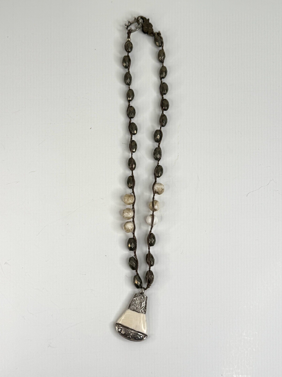 Conch Shell Pendant Necklace Pyrite Smoky Beads Silver Tone Boho Artisanal