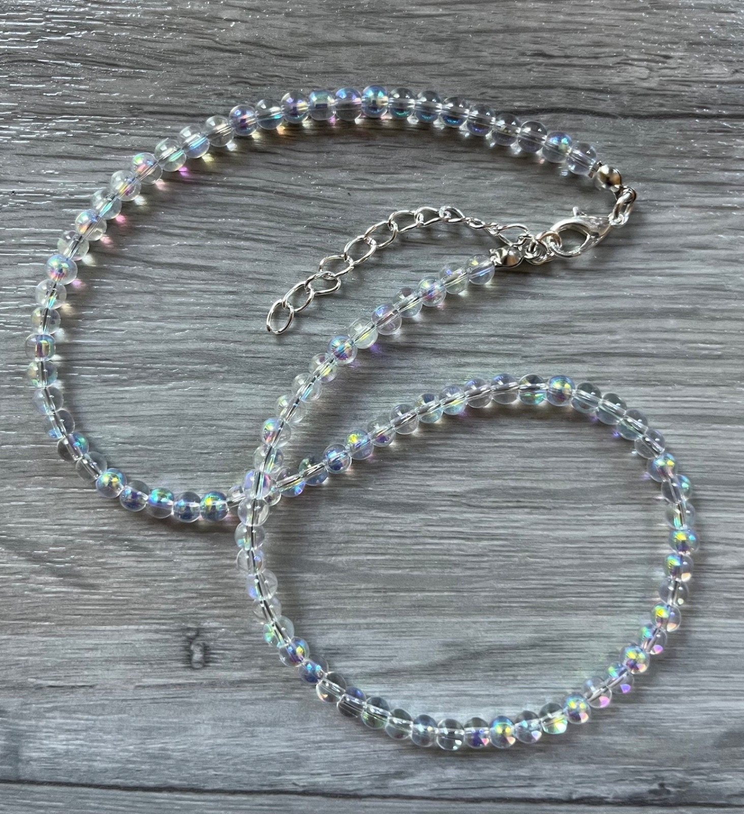 Iridescent clear AB glass bead necklace, silver plated clasp, 16 – 18 inches