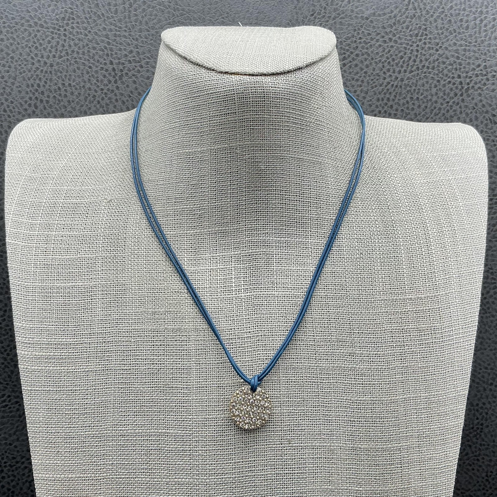 Lia Sophia Necklace Blue Faux Leather Crystal Disc Pendant Choker 16 In Womens