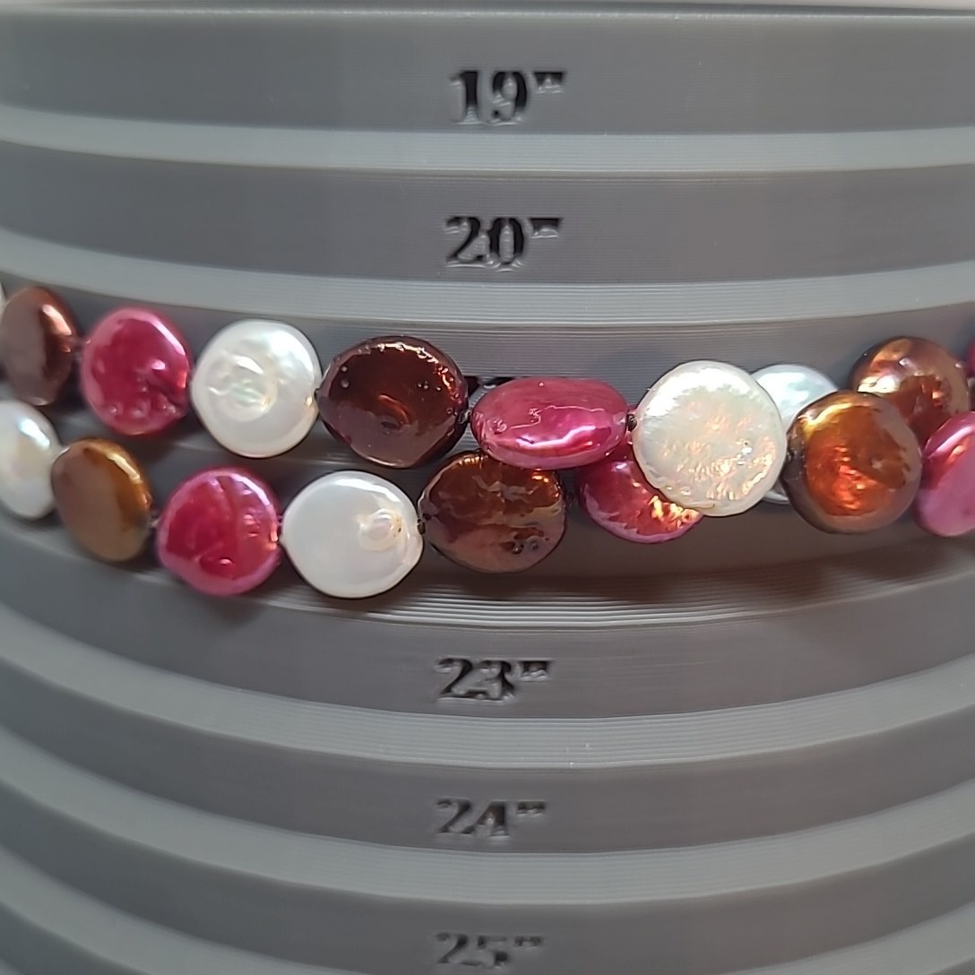 CGI China Necklace Woman Fuchsia Bronze White Freshwater Coin Pearl 37 Inch Long