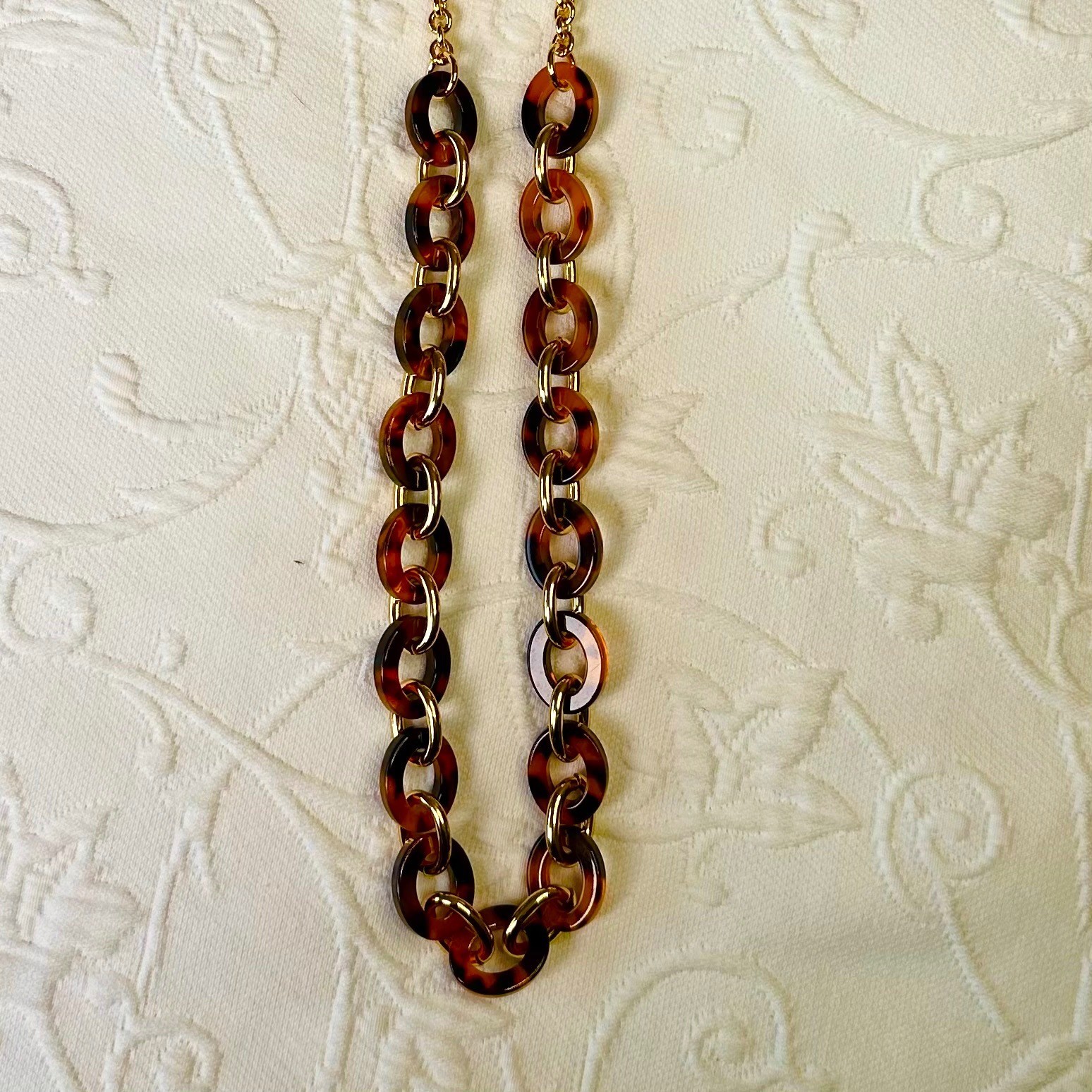 Talbots Tortoiseshell Link Goldtone Chain Long Necklace Brown Amber Statement