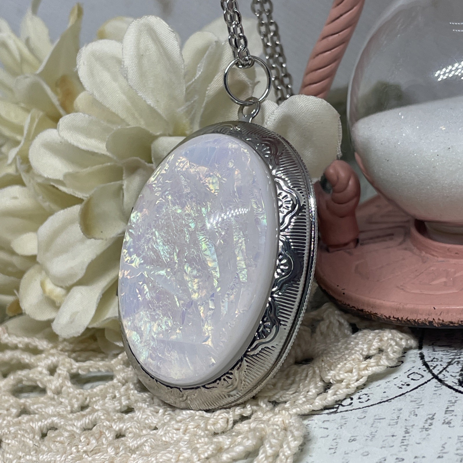 Silver New Photo Locket Opal Wedding Necklace Mom Daughter Birthday Anniversary