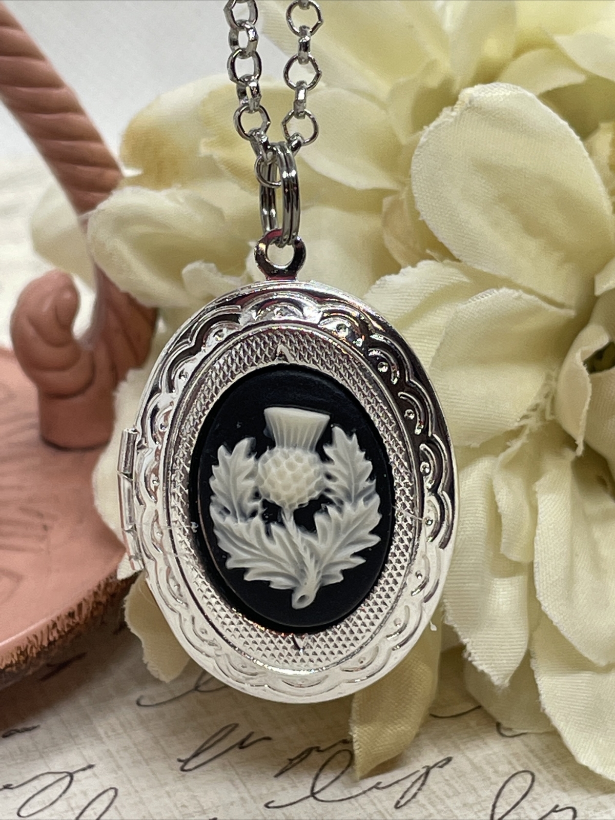 Scottish Thistle Necklace Locket Silver EASTER pendant IRISH CELTIC GIFT photo