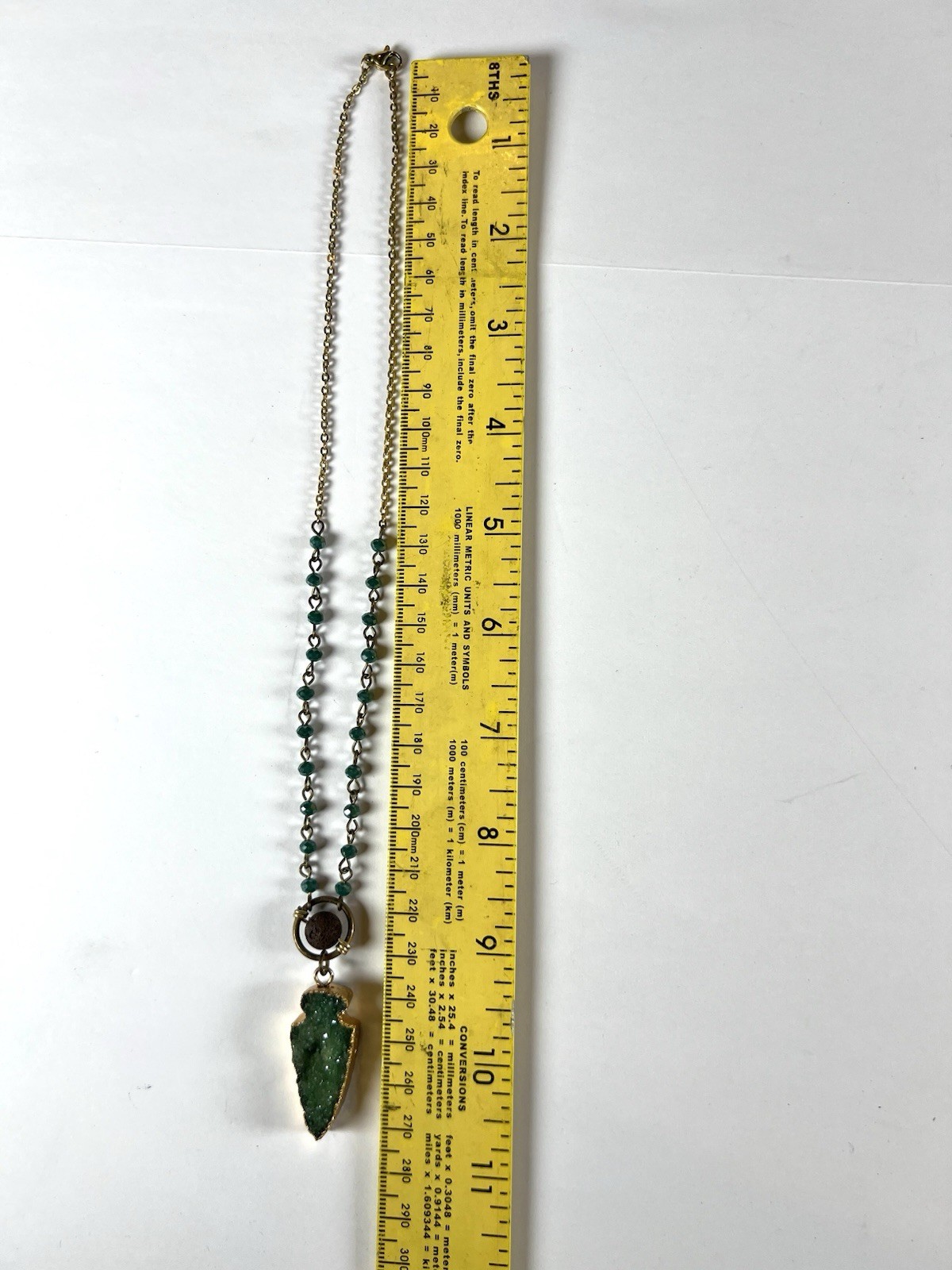 Green Druzy Arrowhead Shaped Pendant Necklace Lava Rock & Beaded Chain