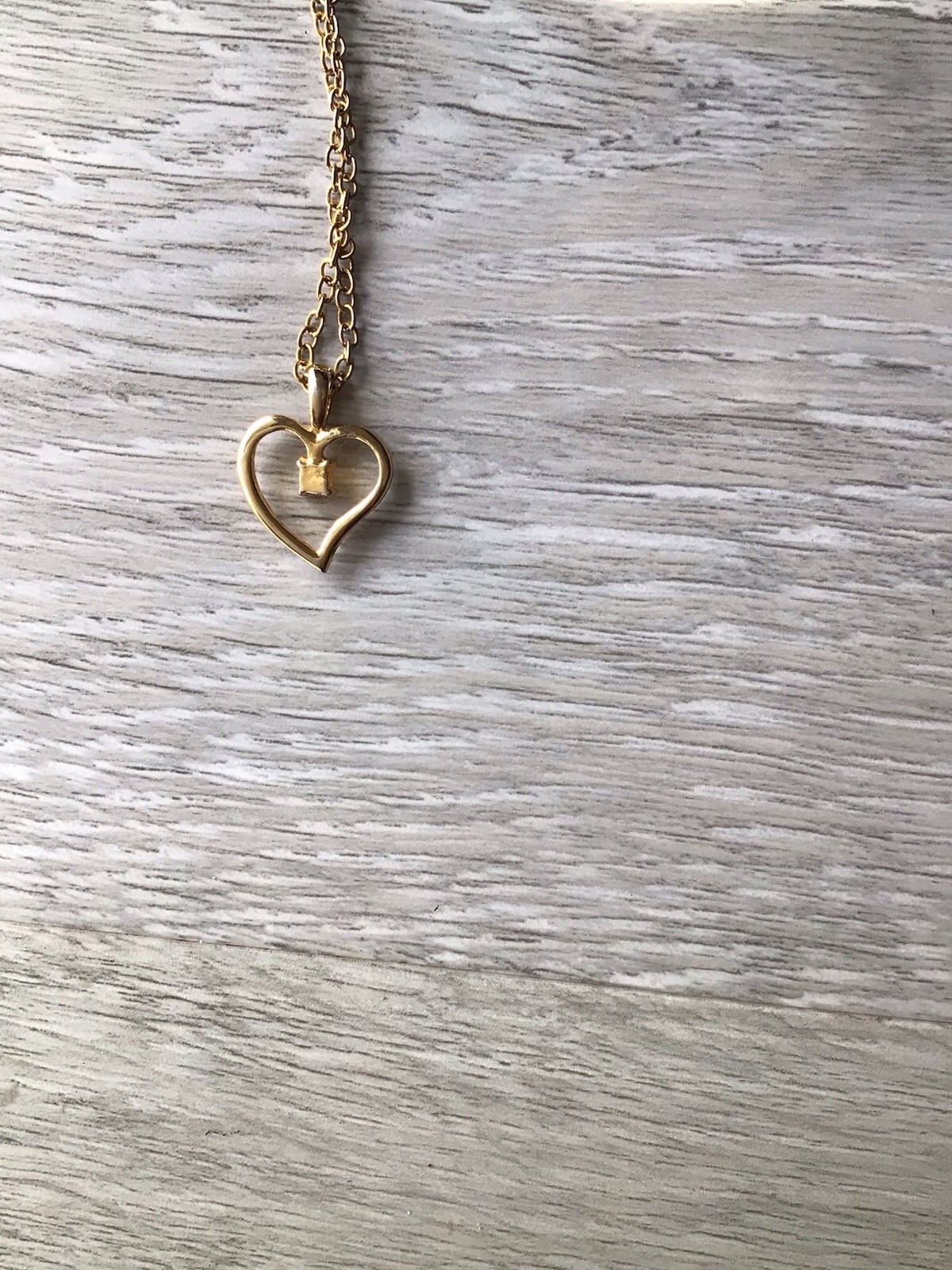 Gold Tone Cable Chain Heart Charm Pendant Necklace w/ Prong-Set Clear Crystal