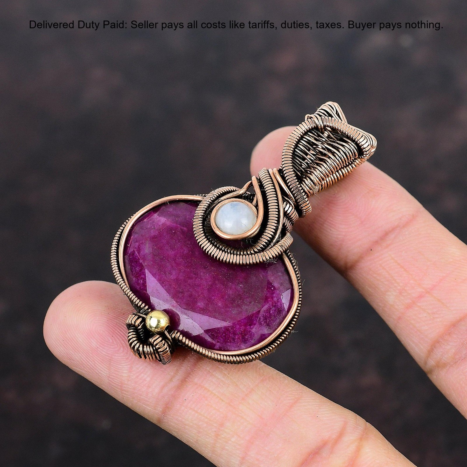 Copper Kashmir Rubi Gemstone Rainbow Moonstone Wire Wrapped Boho Pendant Jewelry