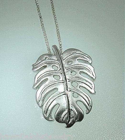 15mm Rhodium Plated 925 STER Silver Brushed Satin Hawaiian Monstera Leaf Pendant