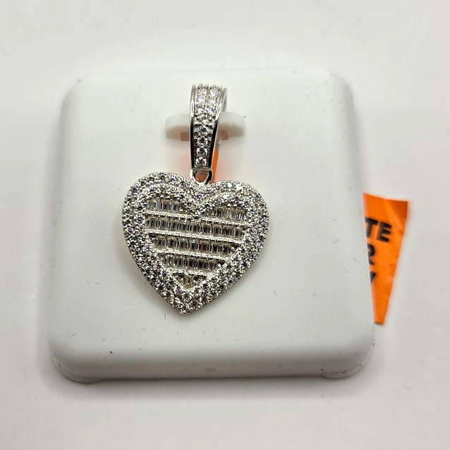 925 Silver Moissanite Heart Charm Pendant, Pavé Baguette White/Colorless