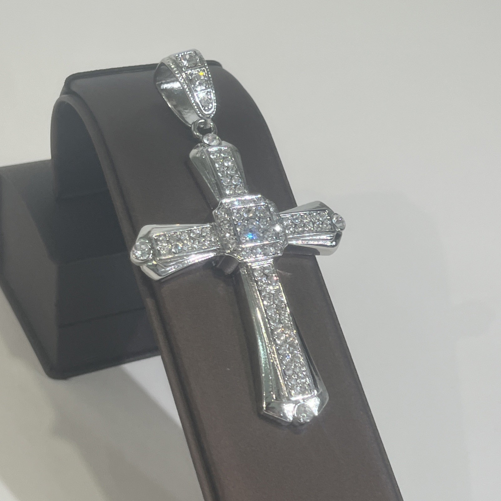 Stainless Steel Cross Pendant, White Cz Iced Out Hip-Hop Layered Bling Charm 19
