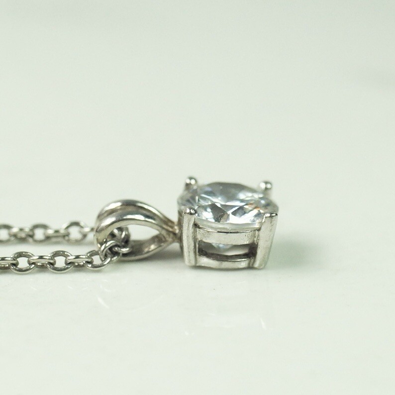 Sterling Silver Cable Chain Clear Colorless Round CZ Pendant Necklace