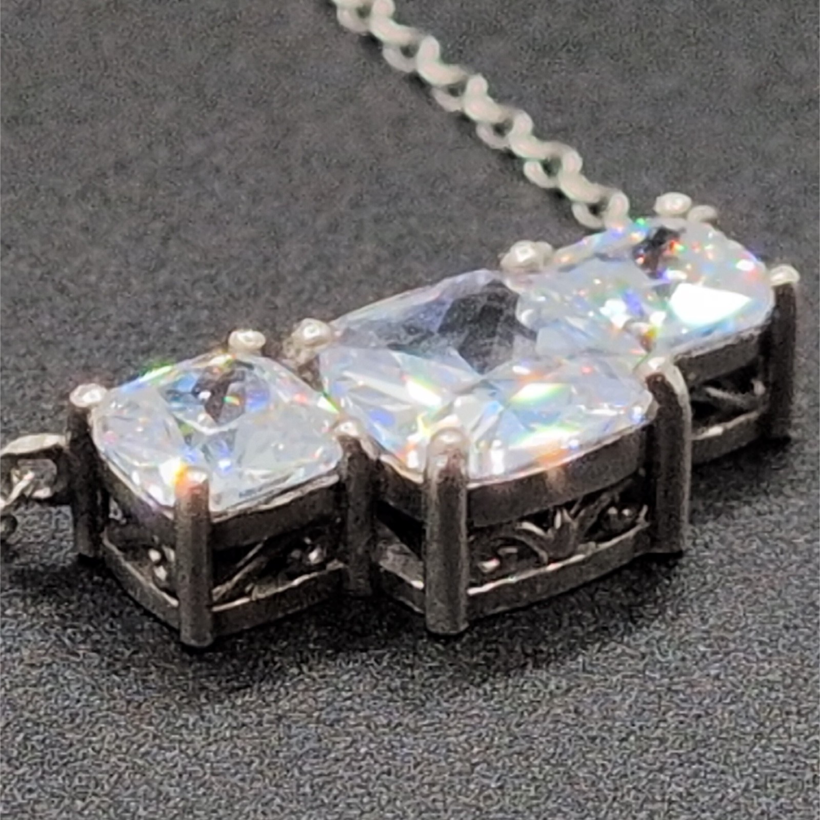 Necklace Three Triple Cushion Cut Clear Colorless Rhinestones 18.25″ 925 Silver