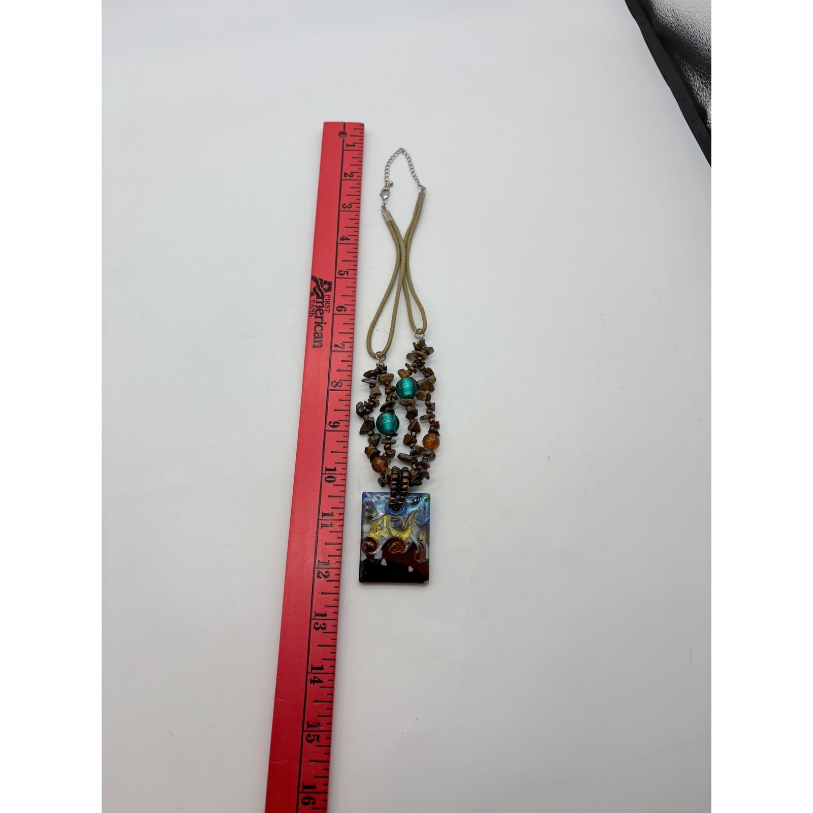 Bohemian Glass Pendant Necklace Stone Beads Colorful Abstract Art Jewelry 15in