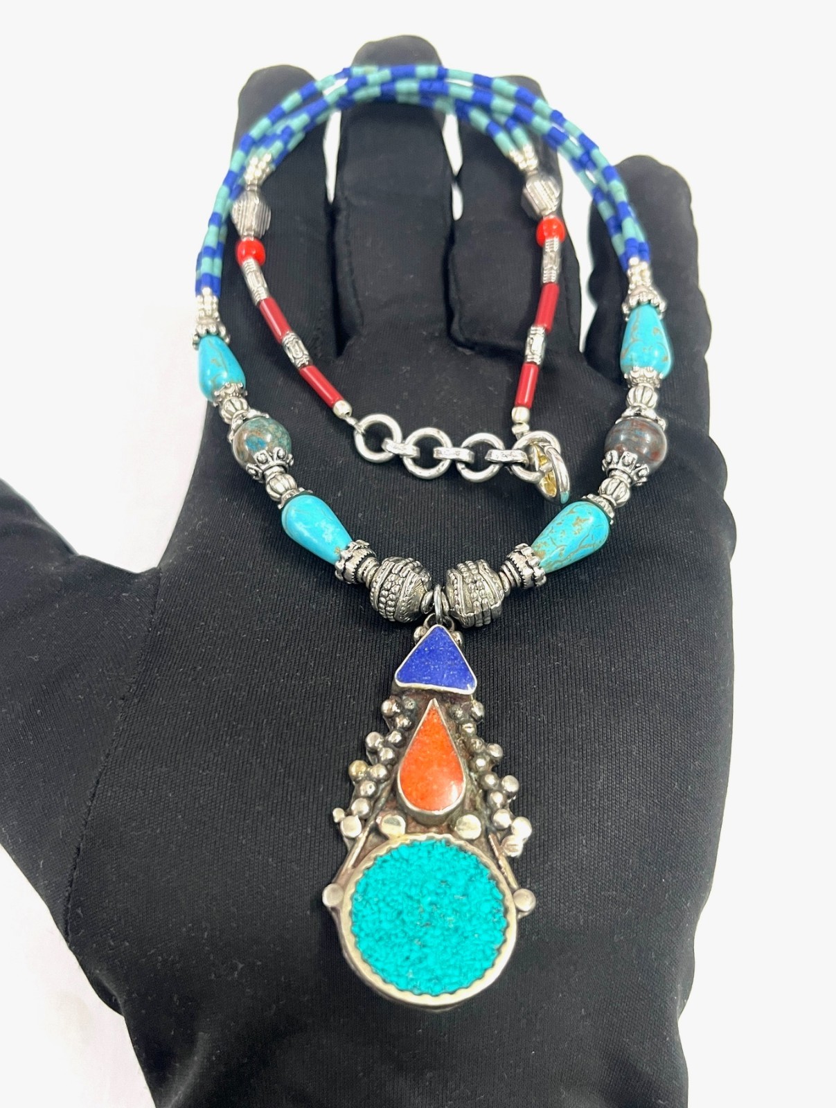 Tibetan Turquoise Lapis Gemstone Handmade Necklace Jewelry, 17 Inch Adjs